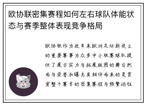 欧协联密集赛程如何左右球队体能状态与赛季整体表现竞争格局